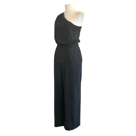 Free People One Shoulder Cropped Black Woven Cotton Blend Gauze Jumpsuit Size 8 - Picture 2 of 7